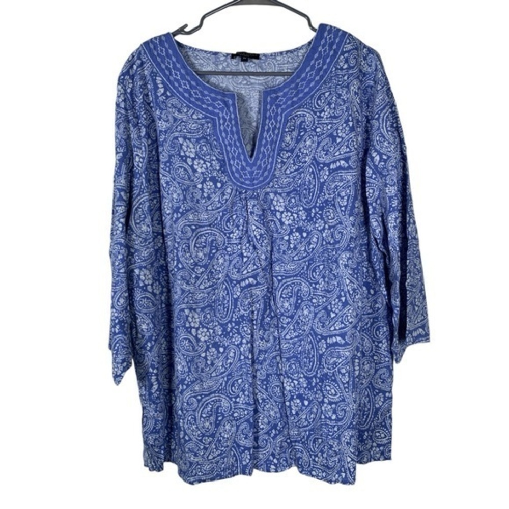 Carole Little Woman Blue White V-Neck 3/4 Sleeve Pullover Blouse Size 2X #0111